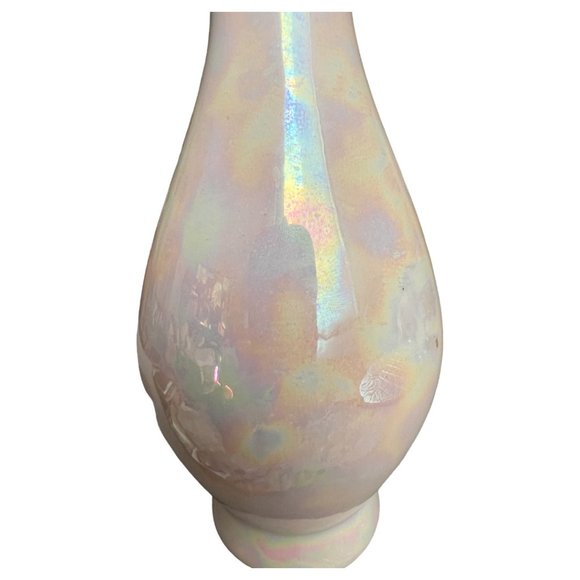 Vtg BUD VASE White Iridescent Shimmer Glossy Glaze Handcrafted Signed 9.75" Tall - Picture 4 of 12